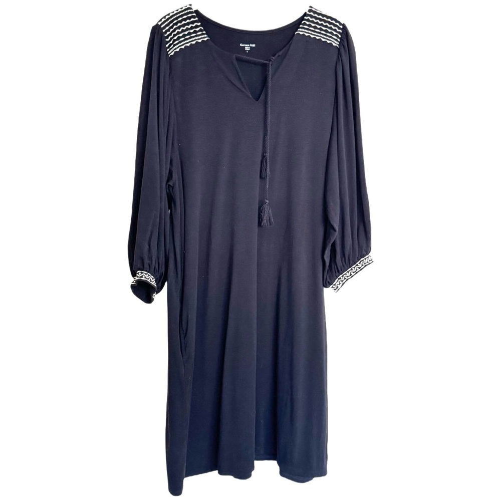 Garnet Hill Size L Silk Shift Peasant Dress Black Embroidered Casual Cottage